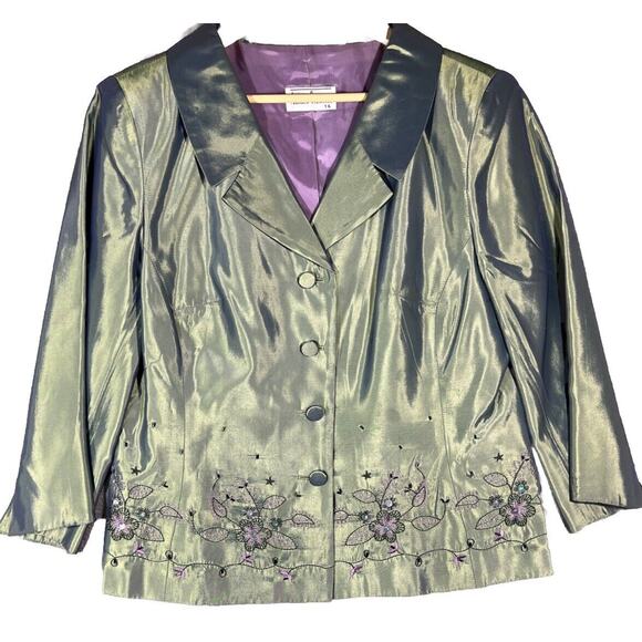 Anthea Crawford Jacket AU16 US12 Green Satin Shimmer Embroidered Floral Beaded - Picture 1 of 14